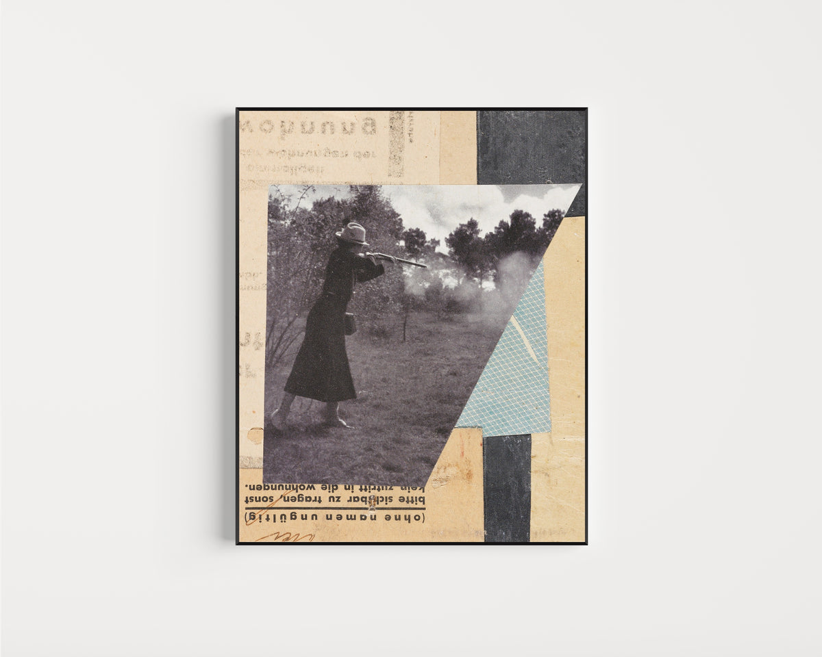 Framed art print of Mit Jägerin, Merzzeichnung by Kurt Schwitters, in a slim black frame on a plain white wall