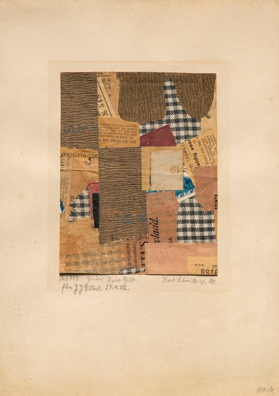 Kurt Schwitters — Mz 117. Genève Karo Gelb | Fine Art Print shown to scale on a wall above a sofa