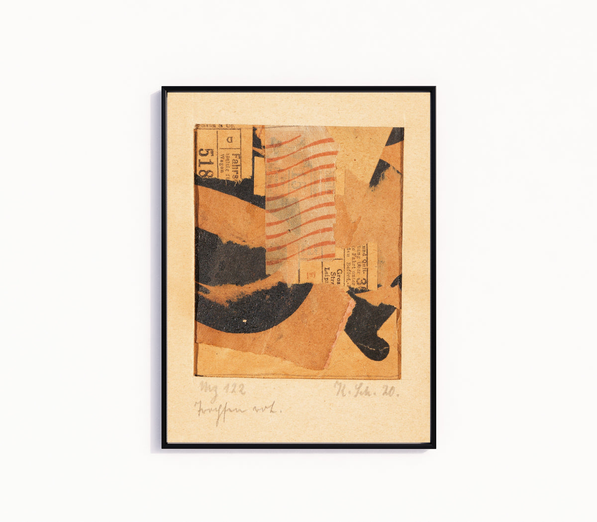 Framed art print of Mz 122 Tropfen rot. (Merzzeichnung) by Kurt Schwitters, in a slim black frame on a plain white wall