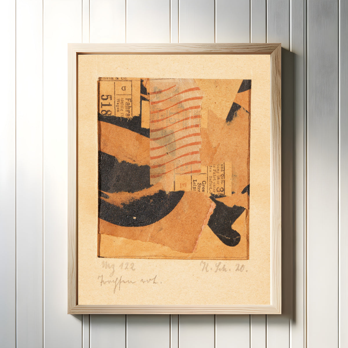 Framed art print of Mz 122 Tropfen rot. (Merzzeichnung) by Kurt Schwitters, in a light wood frame on a white panelled wall