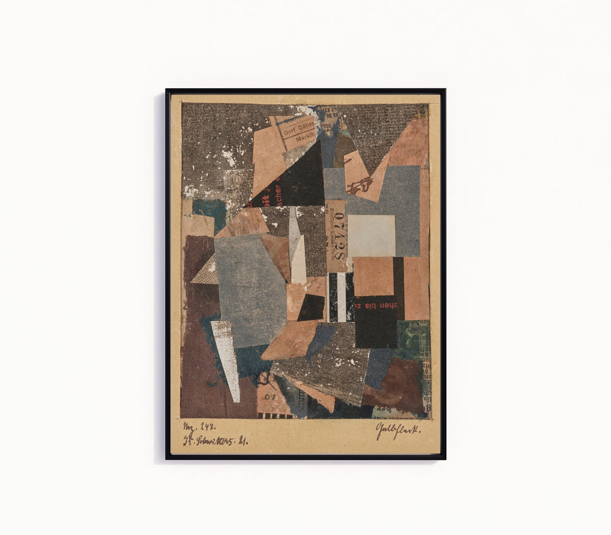 Framed art print of Mz. 247. Gelbfleck by Kurt Schwitters, in a slim black frame on a plain white wall