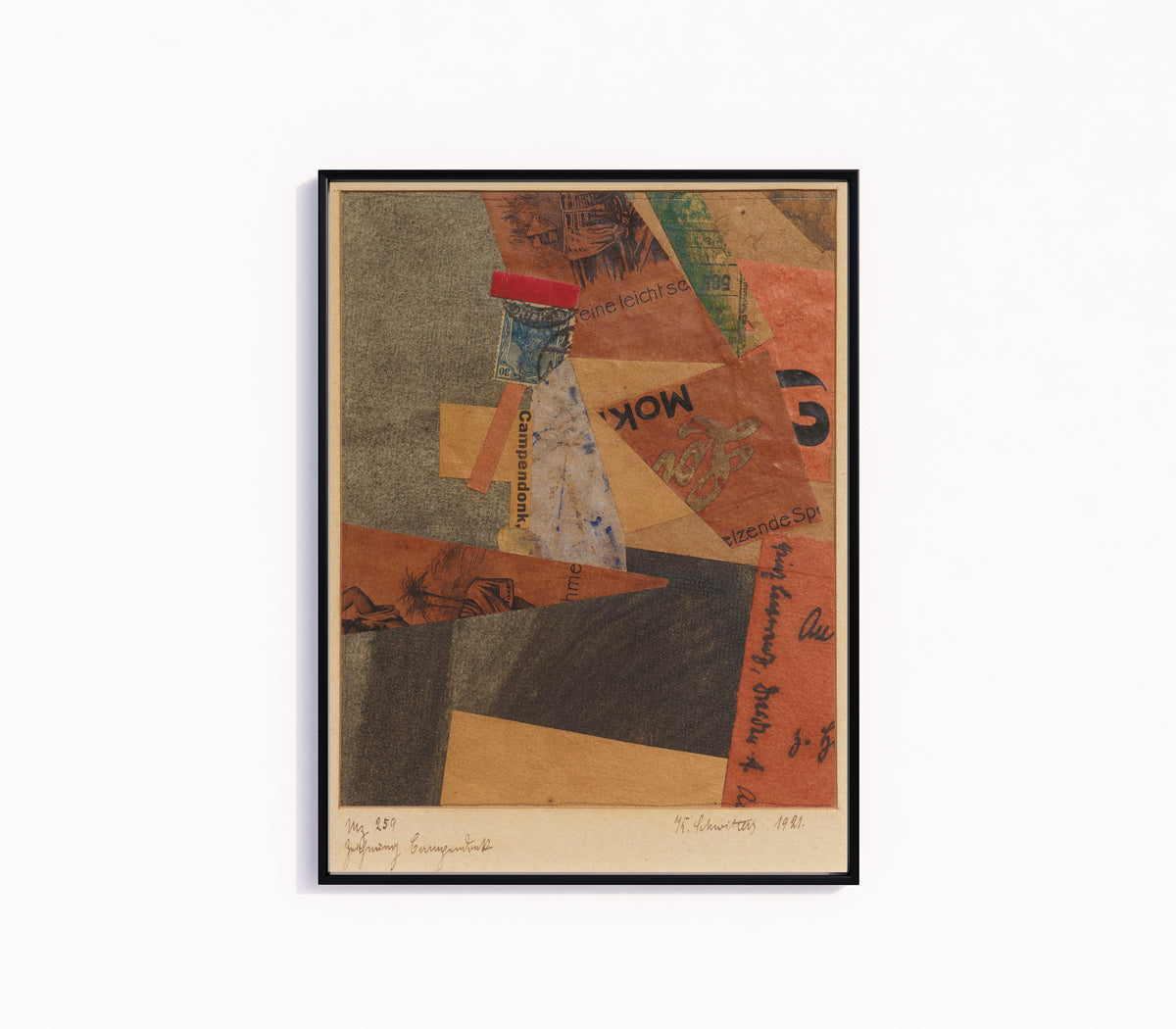 Framed art print of Mz 259 Zeichnung Campendonk by Kurt Schwitters, in a slim black frame on a plain white wall