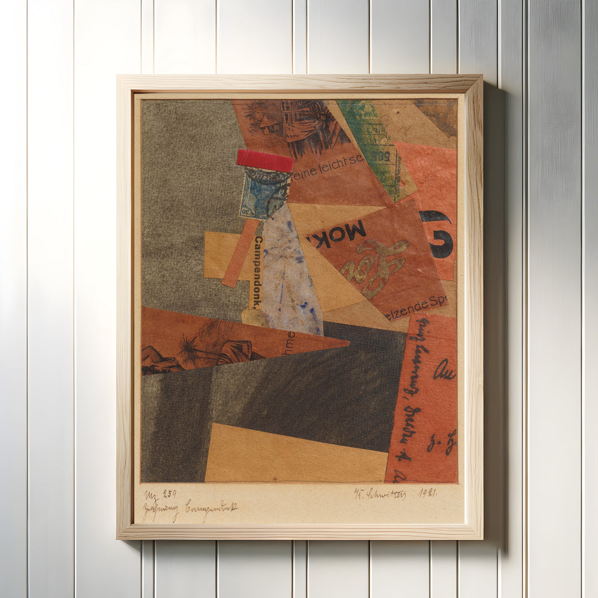 Framed art print of Mz 259 Zeichnung Campendonk by Kurt Schwitters, in a light wood frame on a white panelled wall