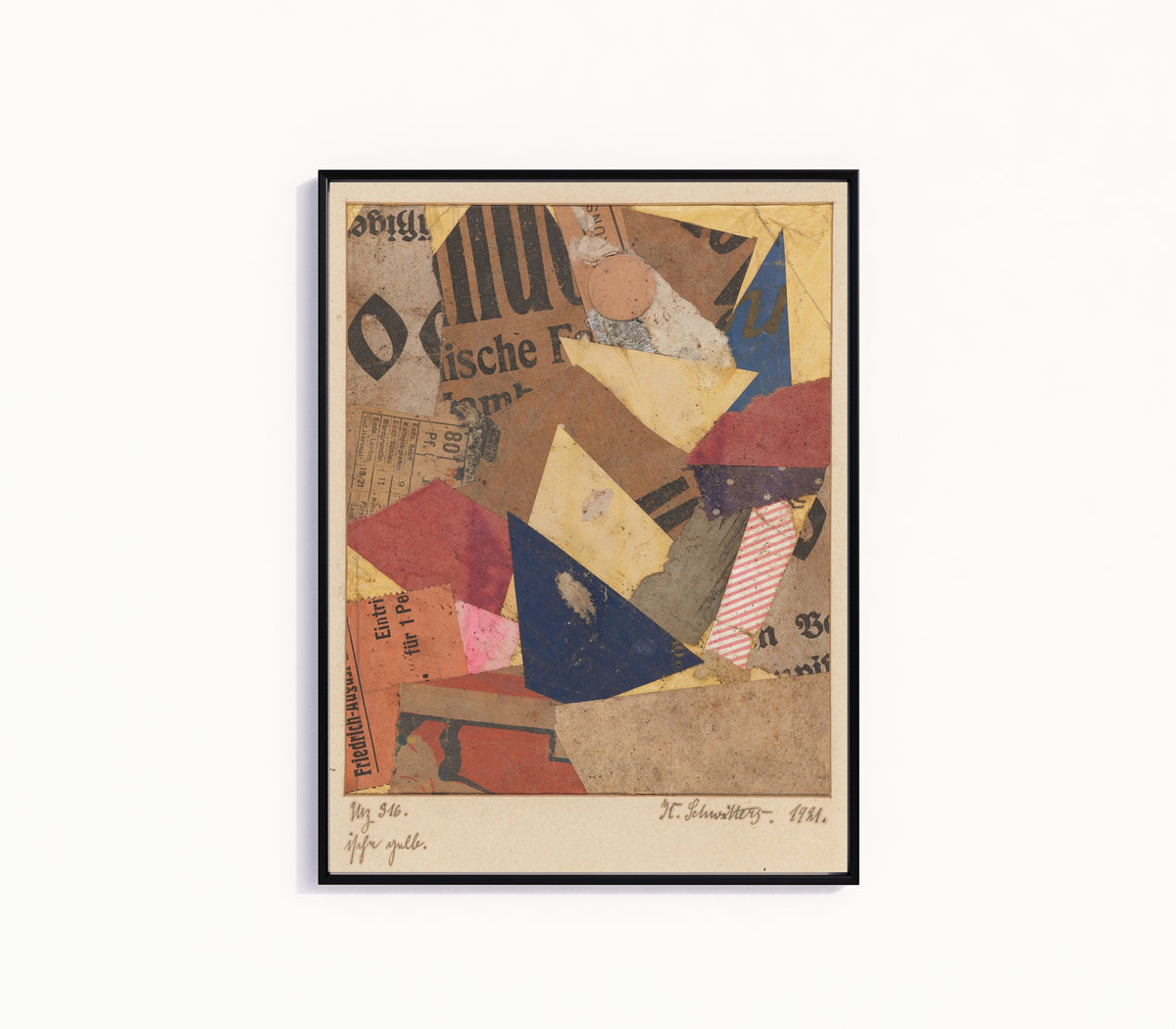 Framed art print of Mz 316 ische gelb (Mz 316 ische Yellow) by Kurt Schwitters, in a slim black frame on a plain white wall