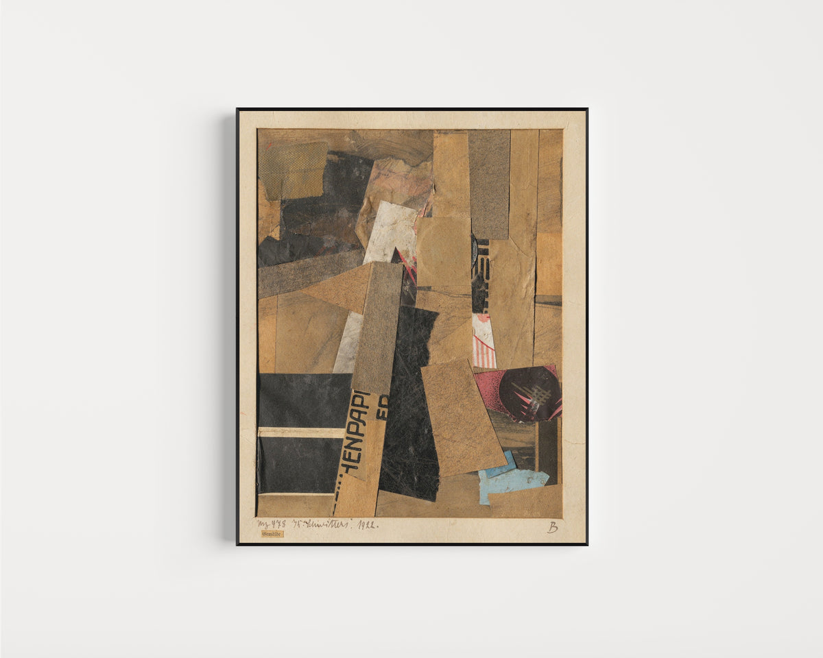 Framed art print of Mz 478 Gemälde by Kurt Schwitters, in a slim black frame on a plain white wall