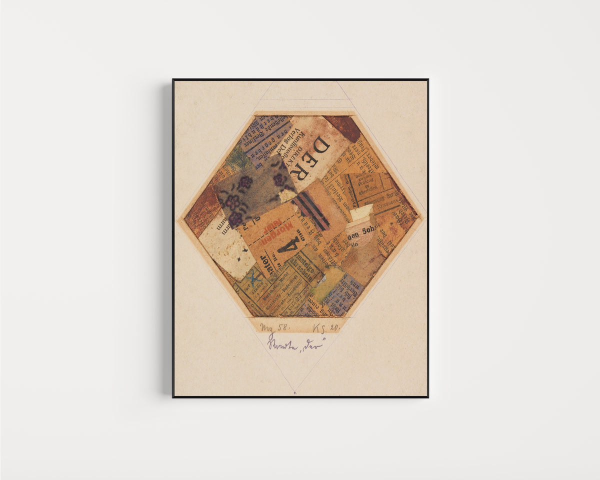 Framed art print of Mz 58, Worte 'der' by Kurt Schwitters, in a slim black frame on a plain white wall