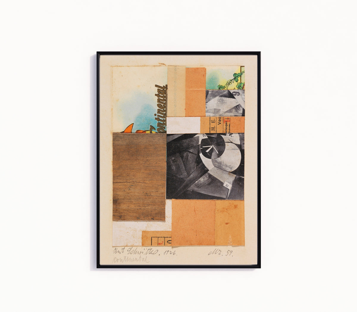 Framed art print of Mz. 59. Continental by Kurt Schwitters, in a slim black frame on a plain white wall
