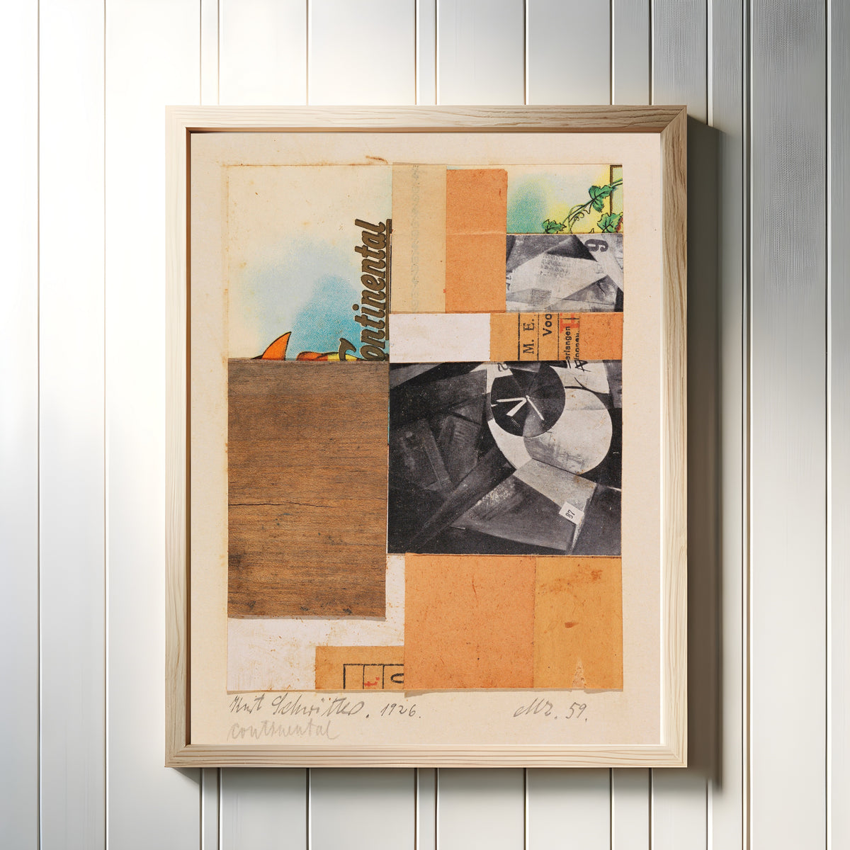 Framed art print of Mz. 59. Continental by Kurt Schwitters, in a light wood frame on a white panelled wall