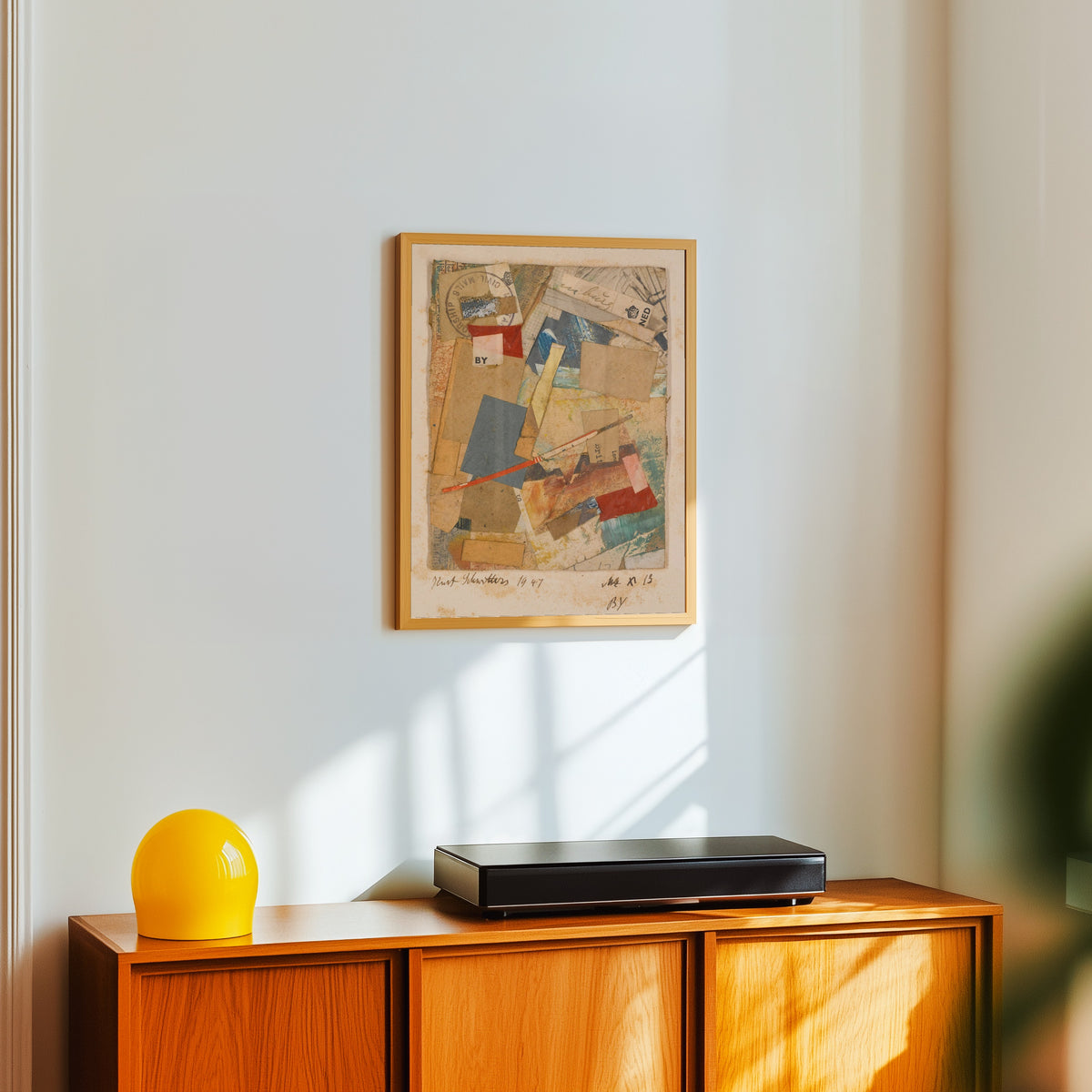 Framed art print of Mz X 13 by Kurt Schwitters, in a light wood frame on a white wall above an orange sideboard