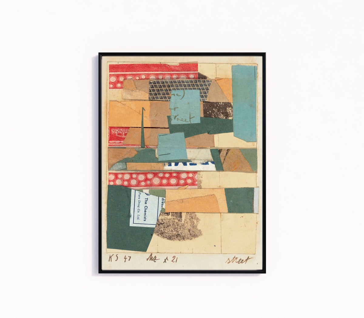 Framed art print of Mz x 21 Street by Kurt Schwitters, in a slim black frame on a plain white wall