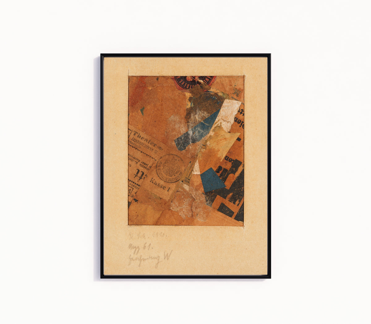 Framed art print of Mzz 61 Ohne Titel (Zeichnung W). (Merzzeichnung) by Kurt Schwitters, in a slim black frame on a plain white wall