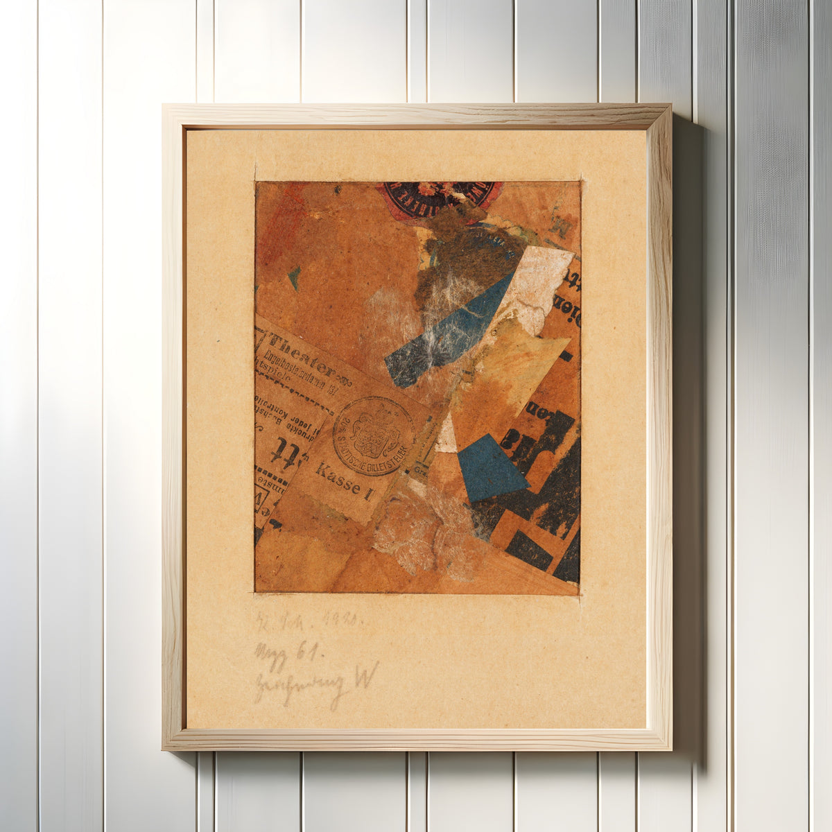 Framed art print of Mzz 61 Ohne Titel (Zeichnung W). (Merzzeichnung) by Kurt Schwitters, in a light wood frame on a white panelled wall