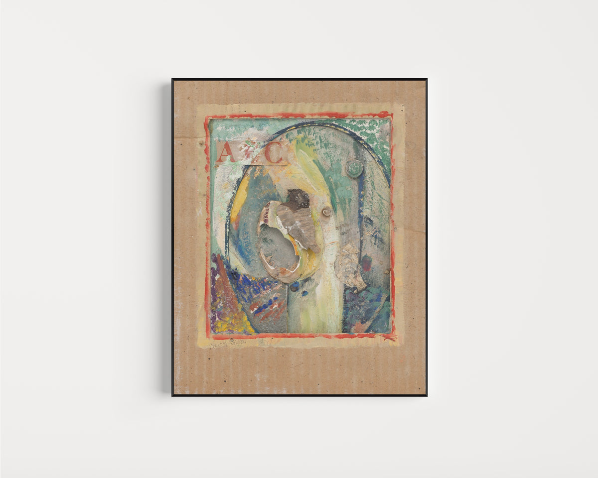 Framed art print of Ohne Titel (ABC) by Kurt Schwitters, in a slim black frame on a plain white wall