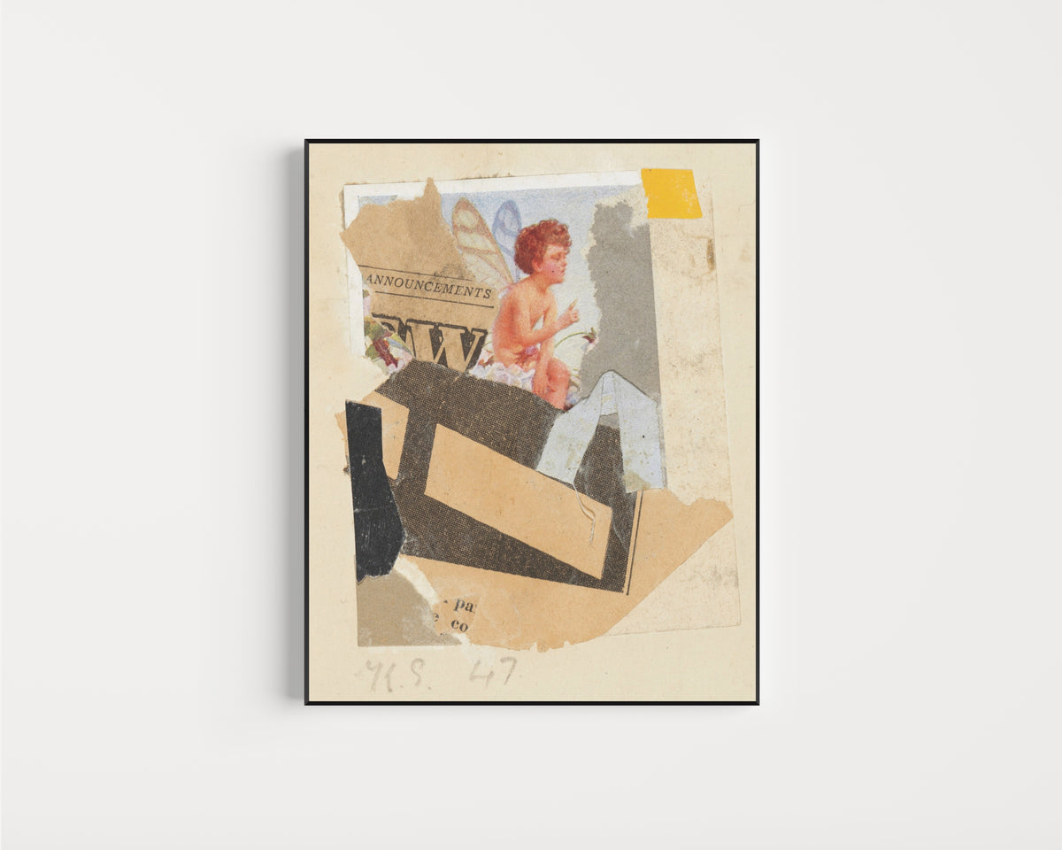 Framed art print of Ohne Titel (Ankündigungen) by Kurt Schwitters, in a slim black frame on a plain white wall