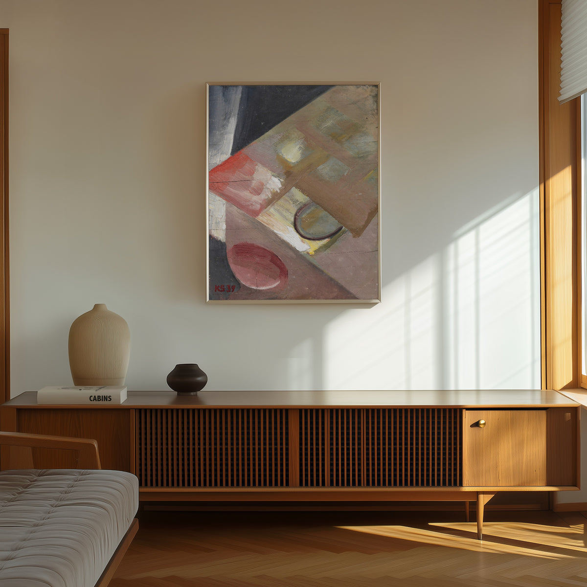 Framed art print of Ohne Titel (Bild mit schiefer Ebene) by Kurt Schwitters, in a thin light frame on a sunlit wall above a wooden sideboard