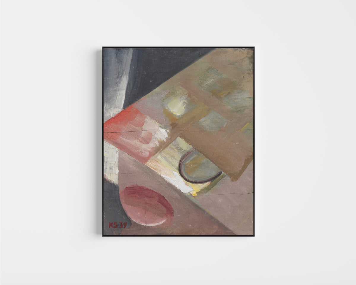 Framed art print of Ohne Titel (Bild mit schiefer Ebene) by Kurt Schwitters, in a slim black frame on a plain white wall