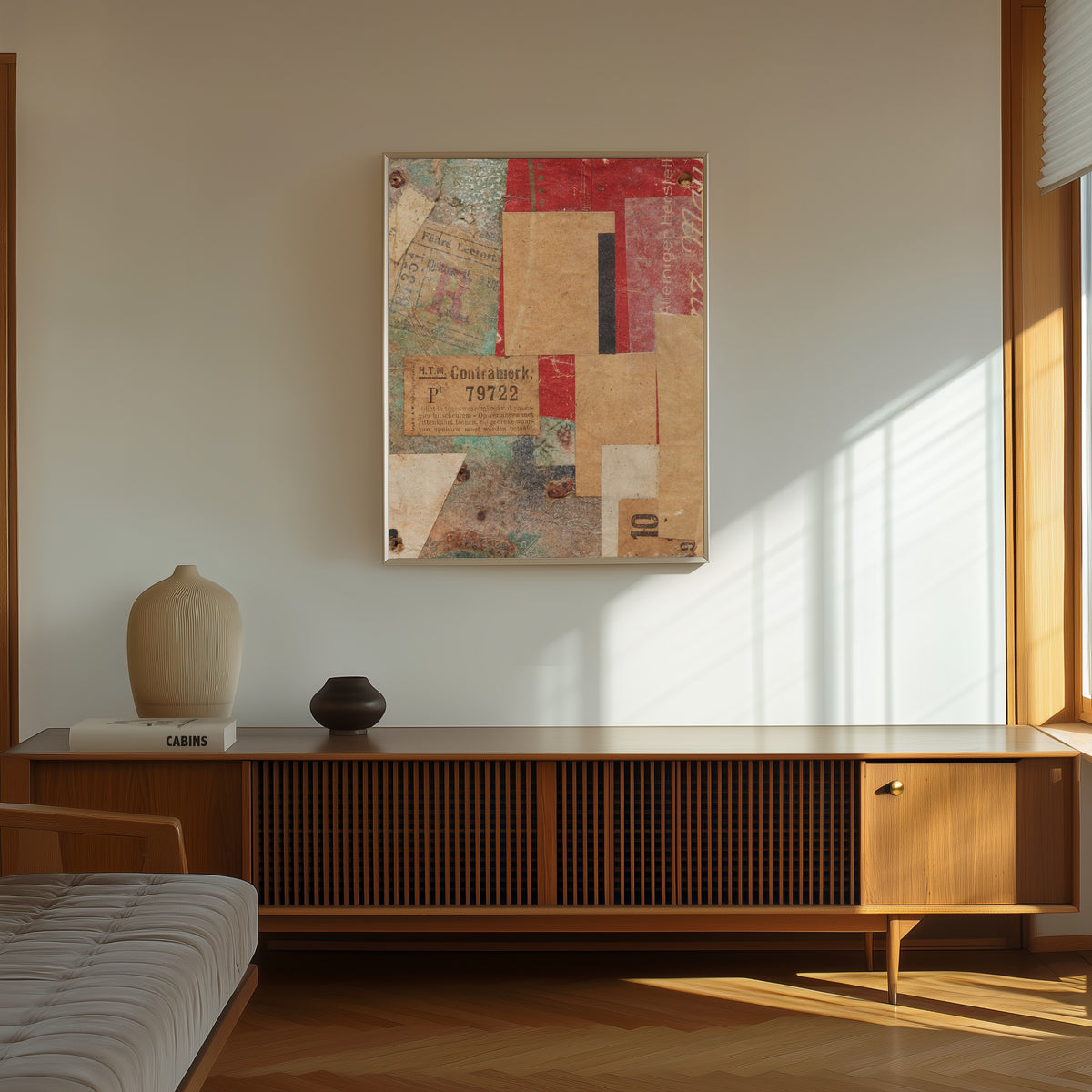 Framed art print of Ohne Titel (Contramerk.) by Kurt Schwitters, in a thin light frame on a sunlit wall above a wooden sideboard