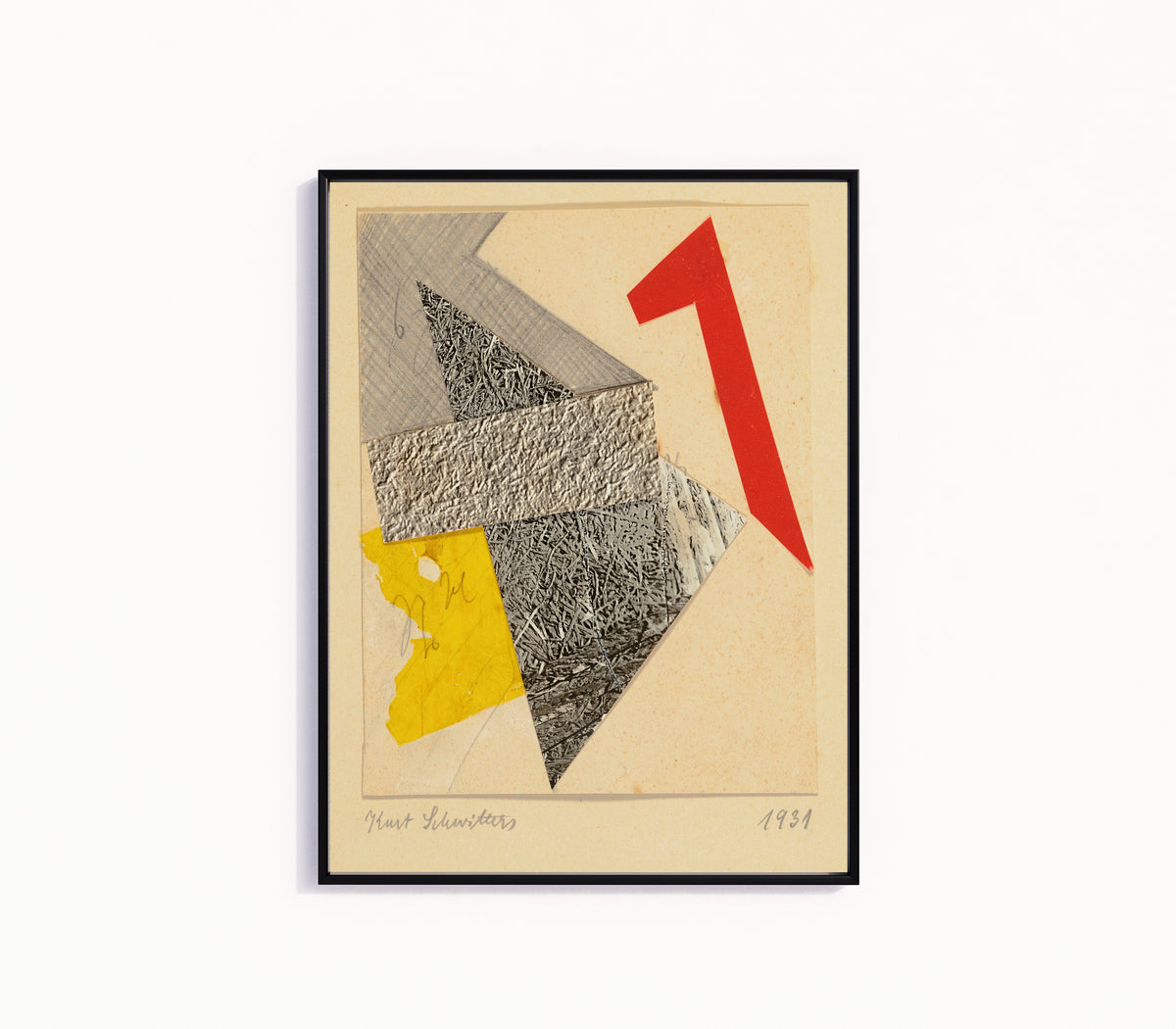 Framed art print of Ohne Titel by Kurt Schwitters, in a slim black frame on a plain white wall