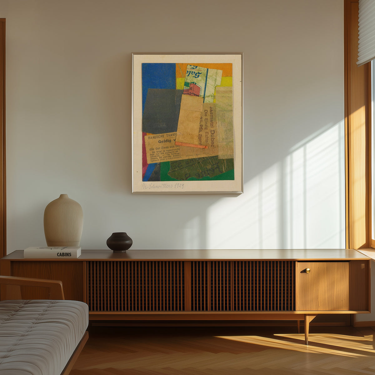 Framed art print of Ohne Titel (Geldig) by Kurt Schwitters, in a thin light frame on a sunlit wall above a wooden sideboard