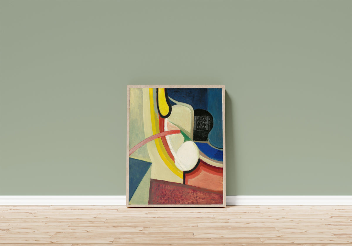 Framed art print of Ohne Titel (Gute Laune) by Kurt Schwitters, in a light wood frame leaning on a sage green wall above a wooden floor