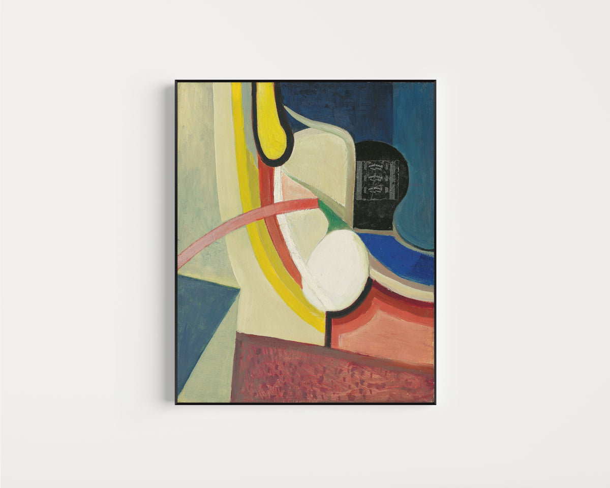 Framed art print of Ohne Titel (Gute Laune) by Kurt Schwitters, in a slim black frame on a plain white wall