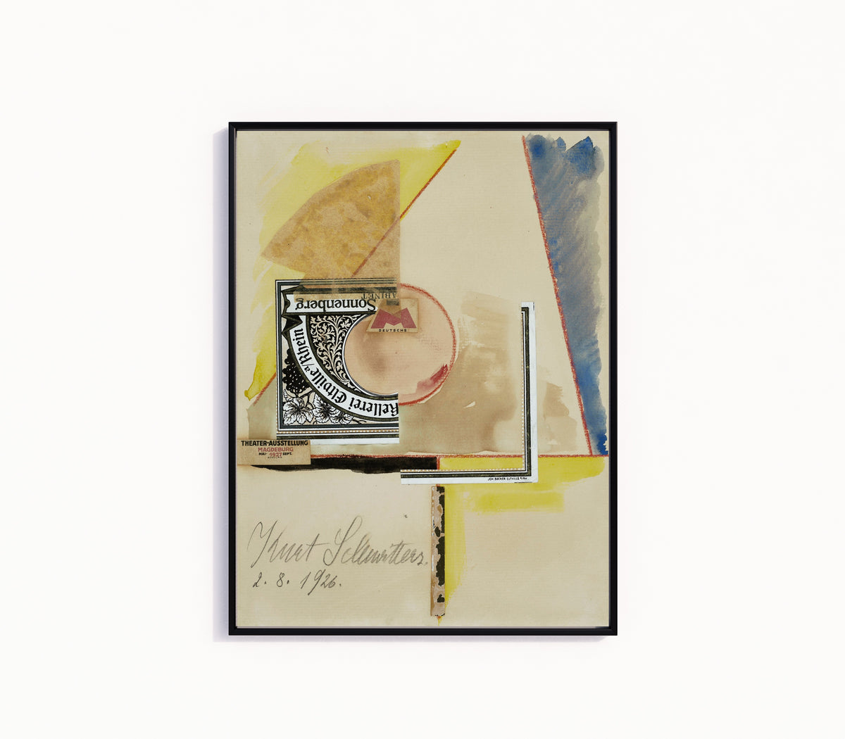 Framed art print of Ohne titel (Sonnenberg) by Kurt Schwitters, in a slim black frame on a plain white wall