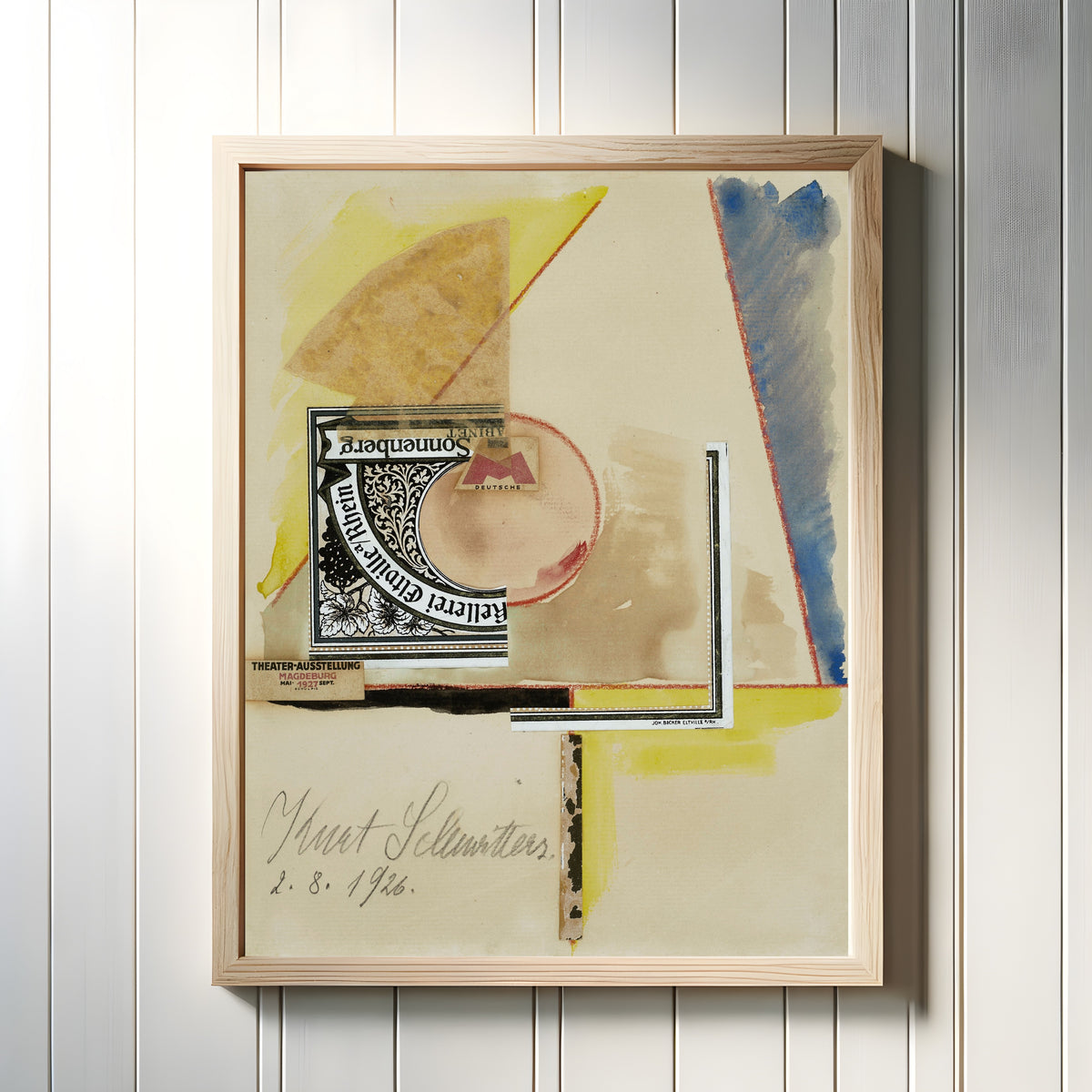 Framed art print of Ohne titel (Sonnenberg) by Kurt Schwitters, in a light wood frame on a white panelled wall