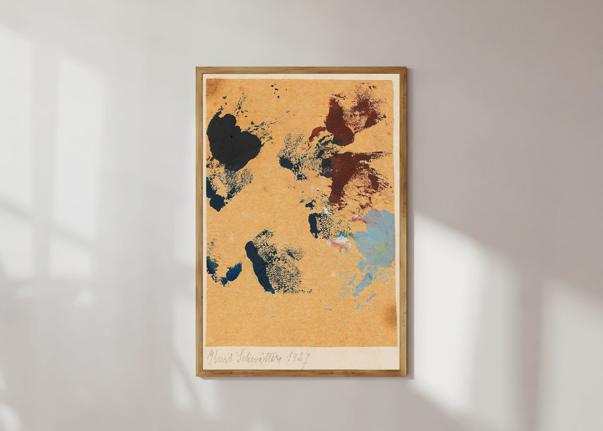 Framed art print of Ohne Titel (Spritzen Farbe) by Kurt Schwitters, in a light wood frame on a sunlit white wall