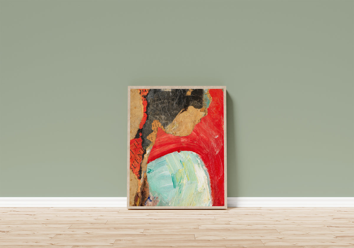 Framed art print of Ohne Titel (VENI). Merzzeichnung by Kurt Schwitters, in a light wood frame leaning on a sage green wall above a wooden floor