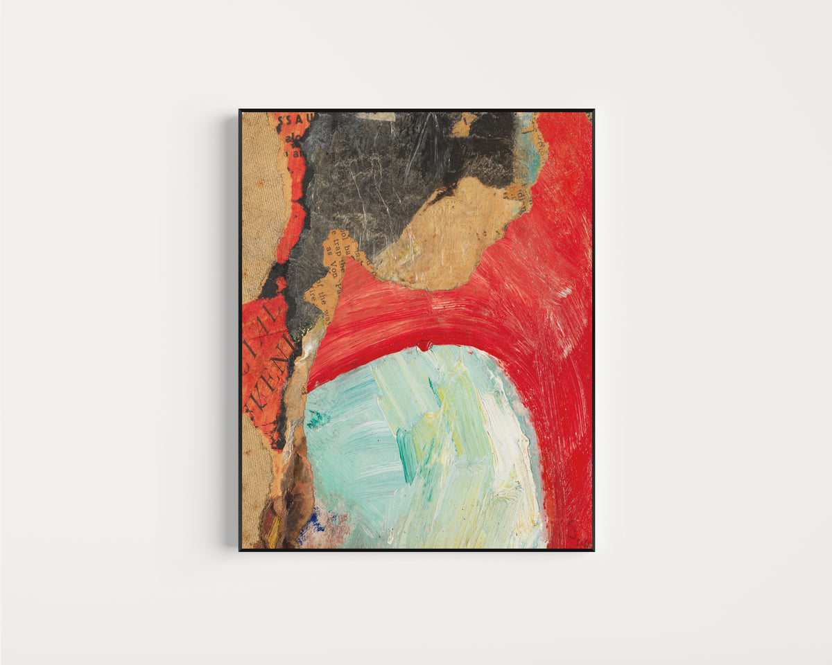 Framed art print of Ohne Titel (VENI). Merzzeichnung by Kurt Schwitters, in a slim black frame on a plain white wall