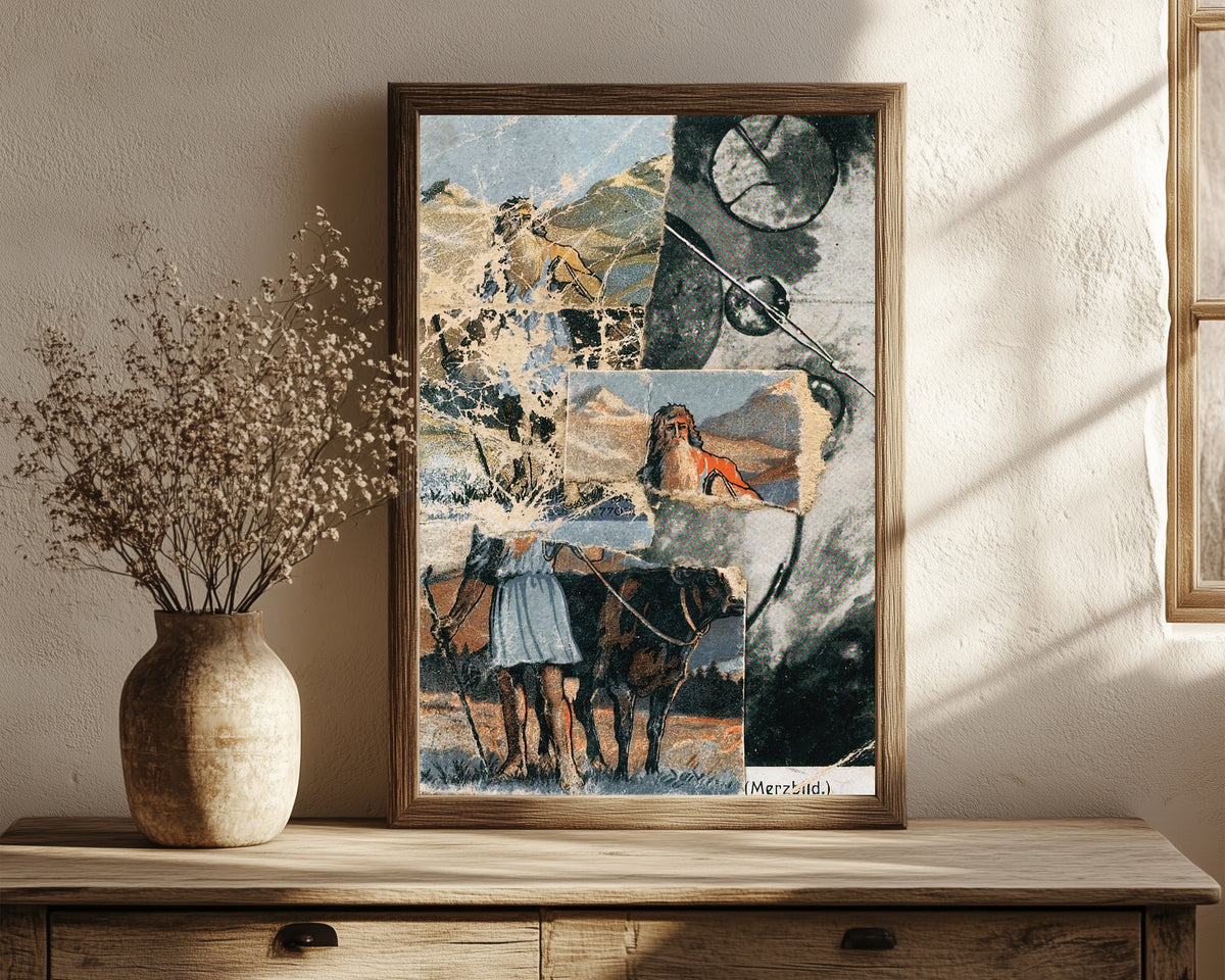 Framed art print of Sans Titre (Collagierte Bildpostkarte Das Kreisen) by Kurt Schwitters, in a dark wood frame leaning on a rustic console beside dried flowers