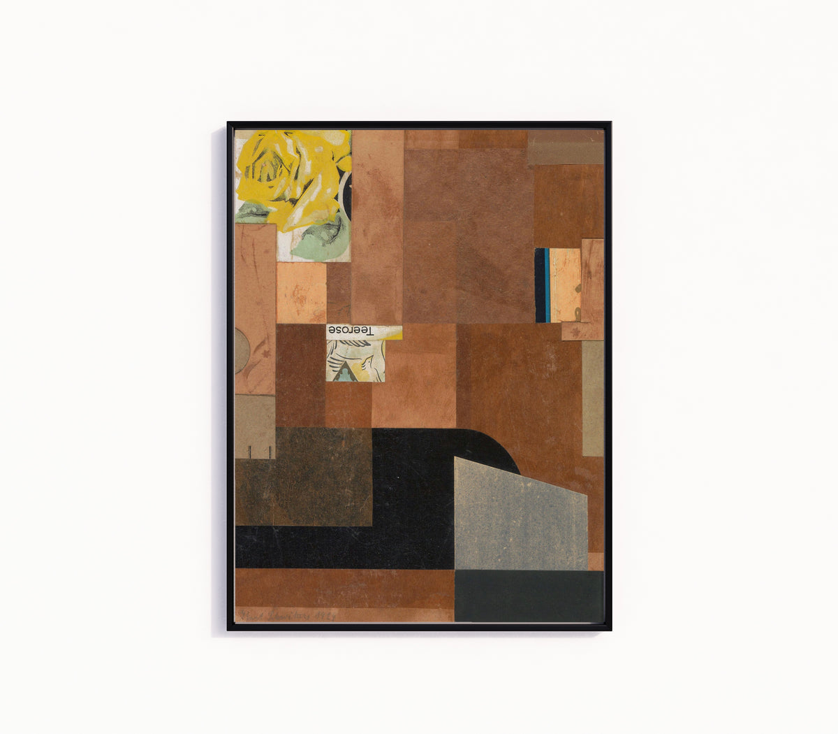 Framed art print of Tea Rose by Kurt Schwitters, in a slim black frame on a plain white wall