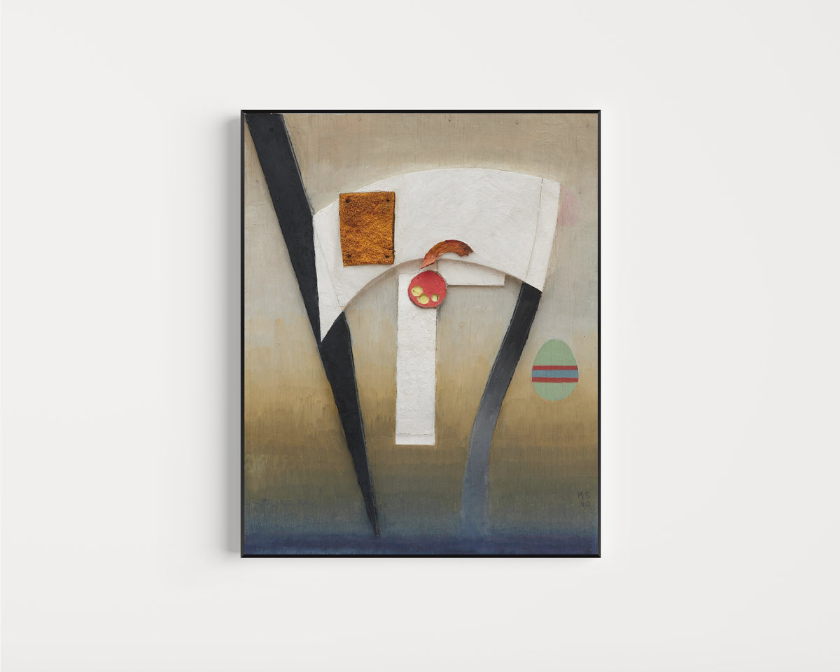 Framed art print of The picture of good hope (Bild der guten Hoffnung) by Kurt Schwitters, in a slim black frame on a plain white wall
