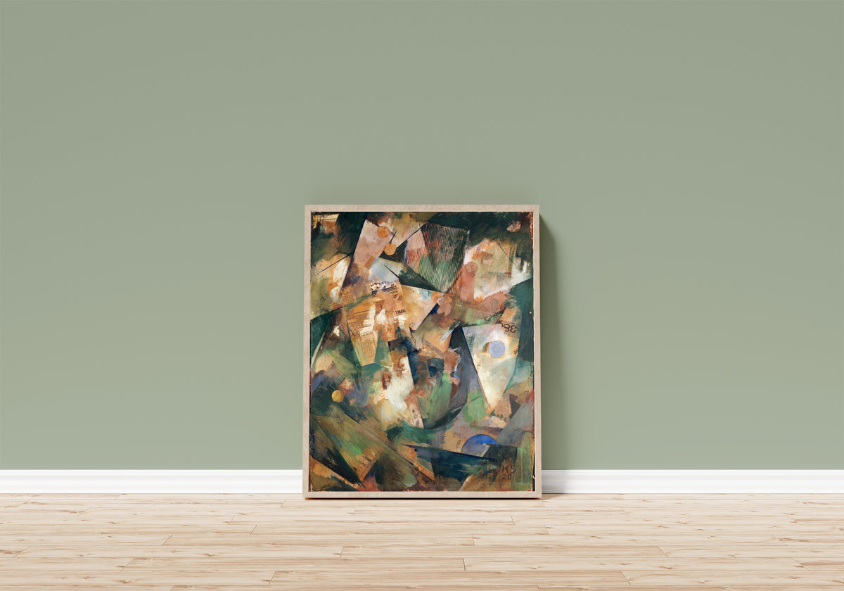Framed art print of The Springtime Picture Merzpicture 20 B by Kurt Schwitters, in a light wood frame leaning on a sage green wall above a wooden floor