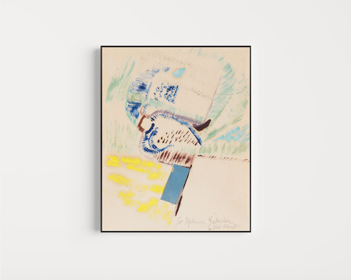 Framed art print of To Hjalmar Gabrielson. Merzzeichnung by Kurt Schwitters, in a slim black frame on a plain white wall