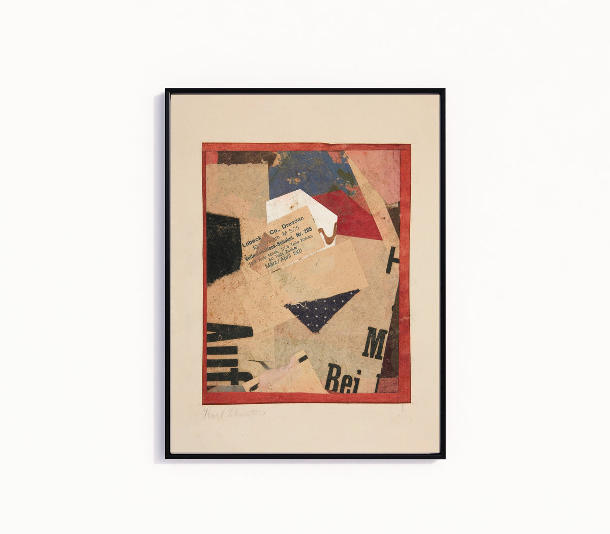 Framed art print of Untitled [Lobeck & Co., Dresden] by Kurt Schwitters, in a slim black frame on a plain white wall