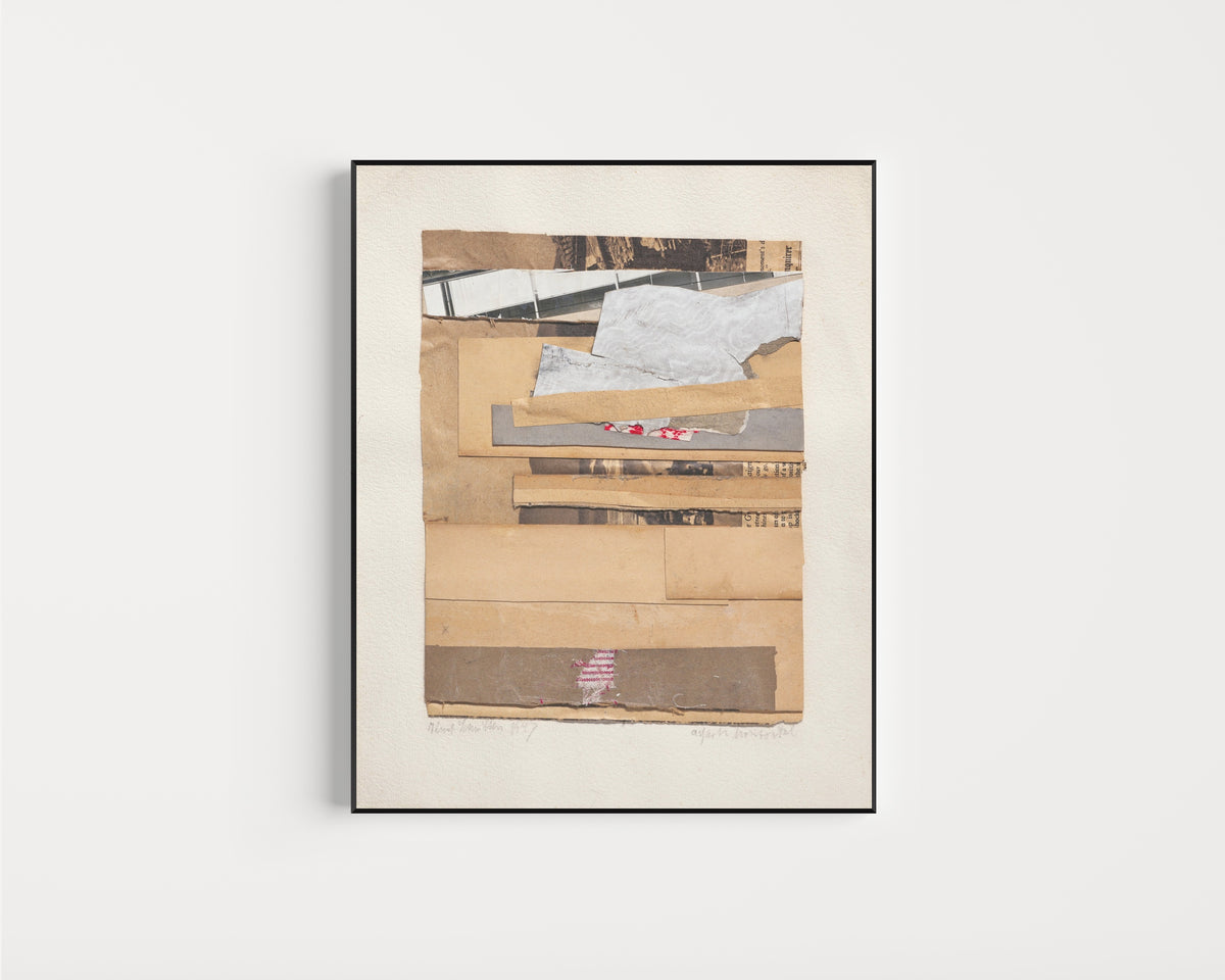 Framed art print of Wieder horizontal by Kurt Schwitters, in a slim black frame on a plain white wall