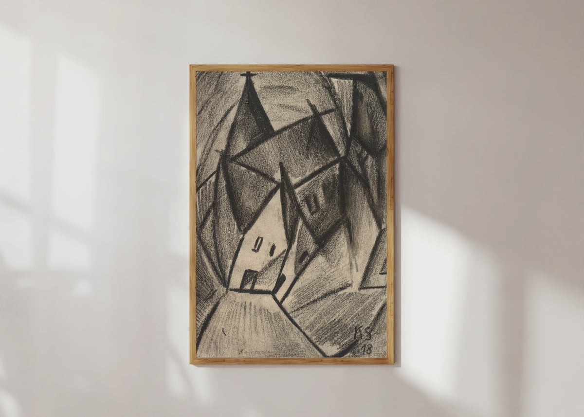 Framed art print of Z31 Nächtliches Dorf by Kurt Schwitters, in a light wood frame on a sunlit white wall