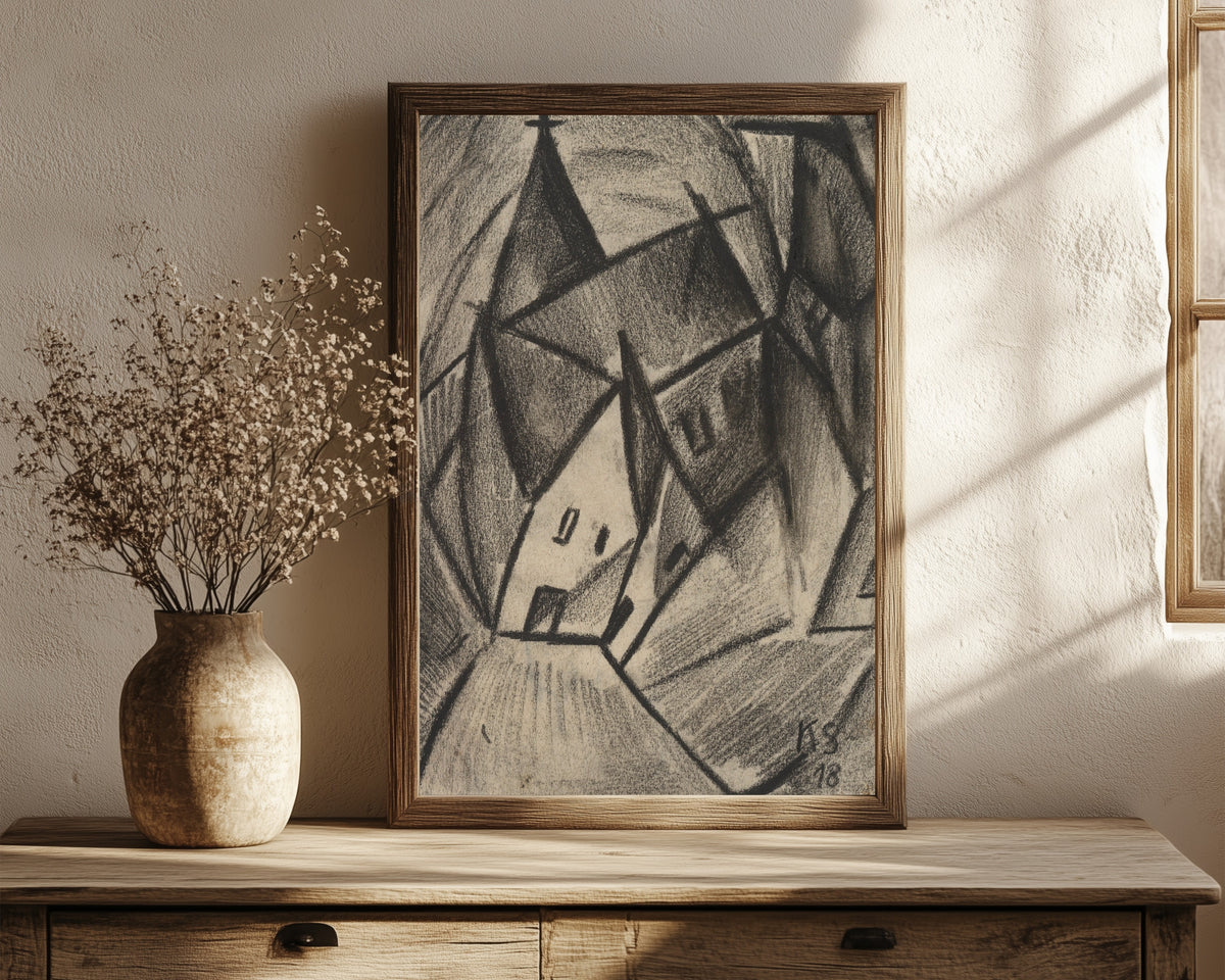 Framed art print of Z31 Nächtliches Dorf by Kurt Schwitters, in a dark wood frame leaning on a rustic console beside dried flowers