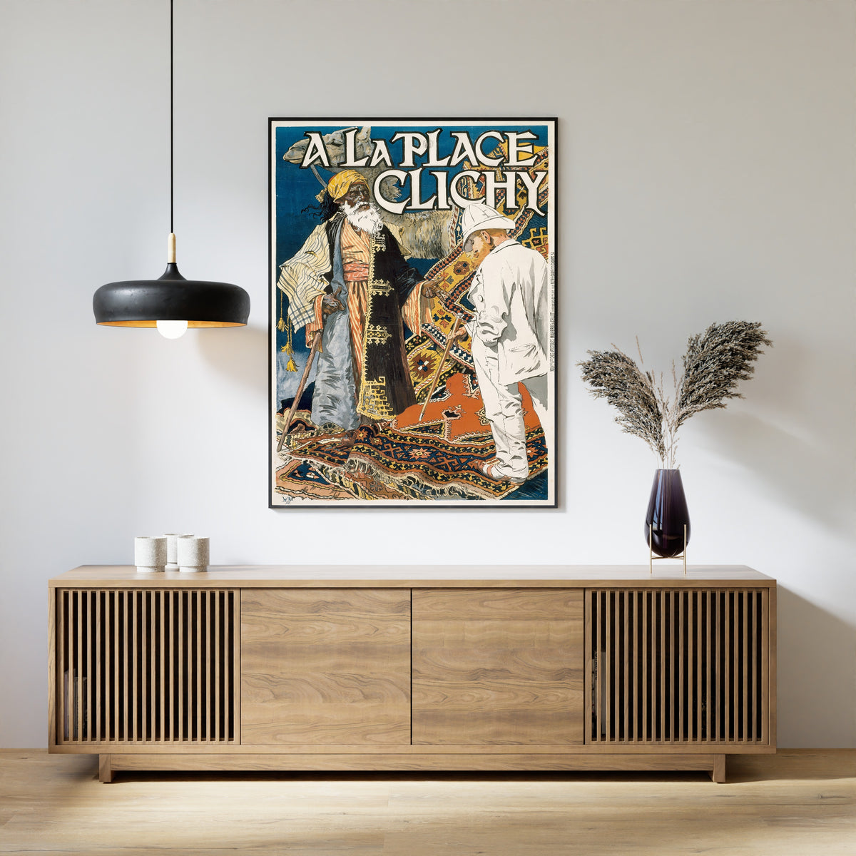 À la Place Clichy by Eugène Grasset — framed above a slatted wood sideboard
