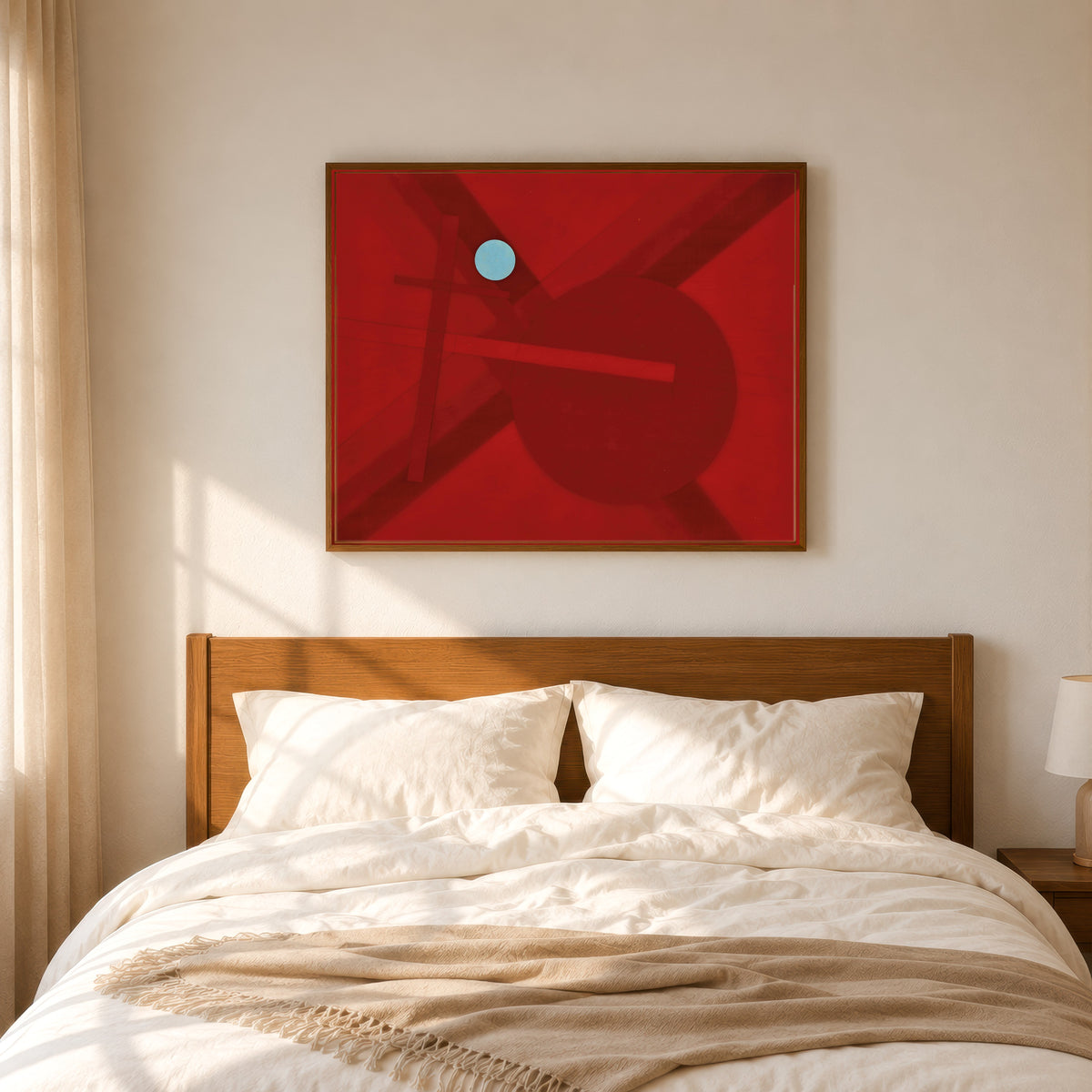 Framed art print of Composition G4 by László Moholy-Nagy, in a slim wood frame above a bed in a sunlit bedroom