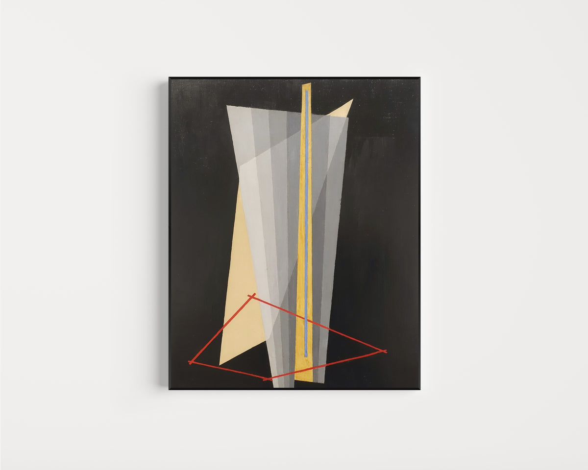 Framed art print of Construction (1922) by László Moholy-Nagy, in a slim black frame on a plain white wall