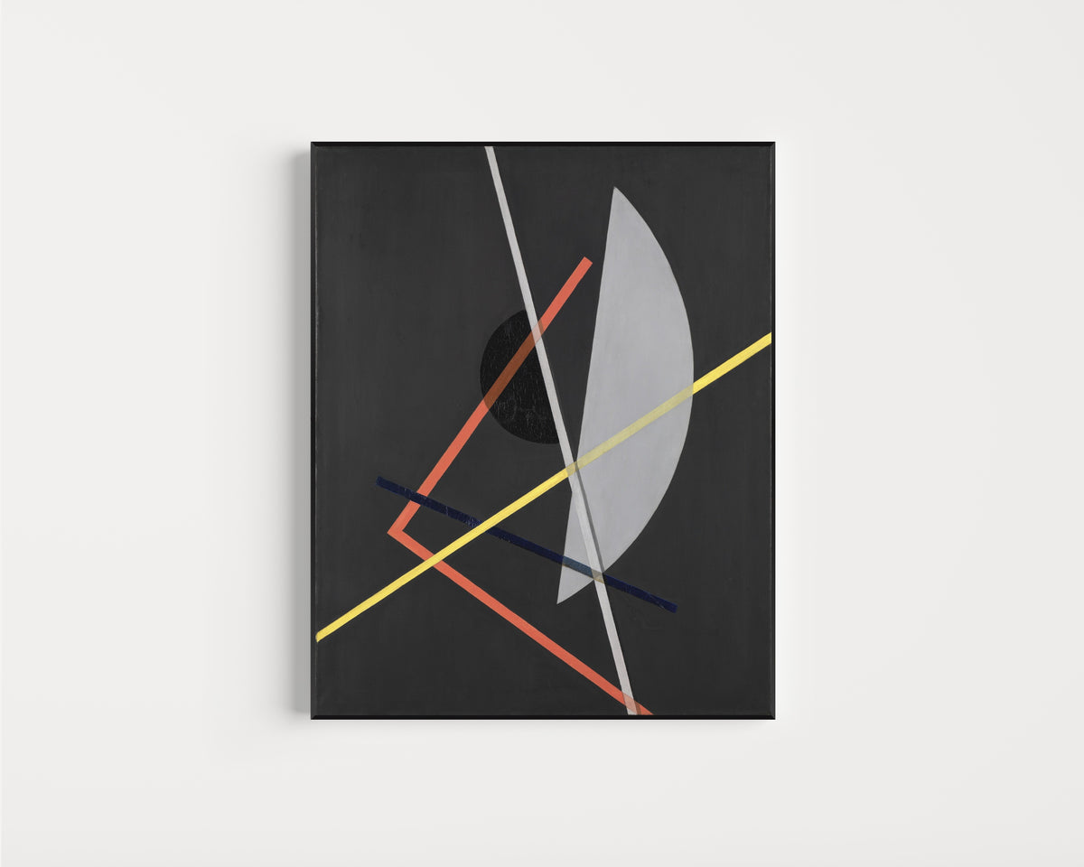 Framed art print of E IV (Konstruktion VII) by László Moholy-Nagy, in a slim black frame on a plain white wall
