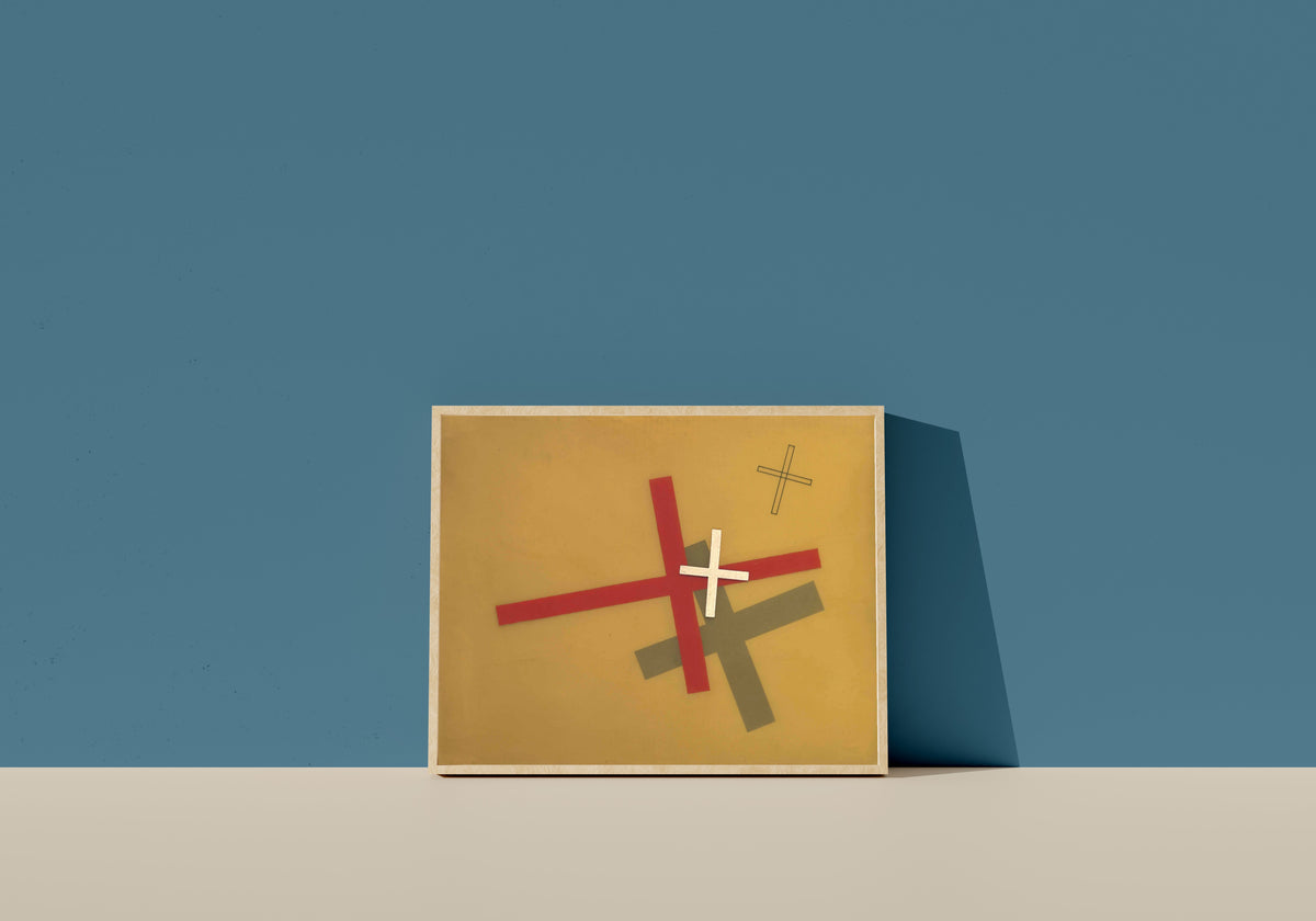 Framed art print of G 8 by László Moholy-Nagy, in a light wood frame leaning on a blue wall