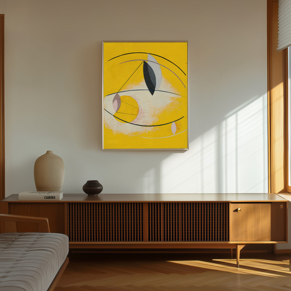 Framed art print of Gal Ab I by László Moholy-Nagy, in a thin light frame on a sunlit wall above a wooden sideboard