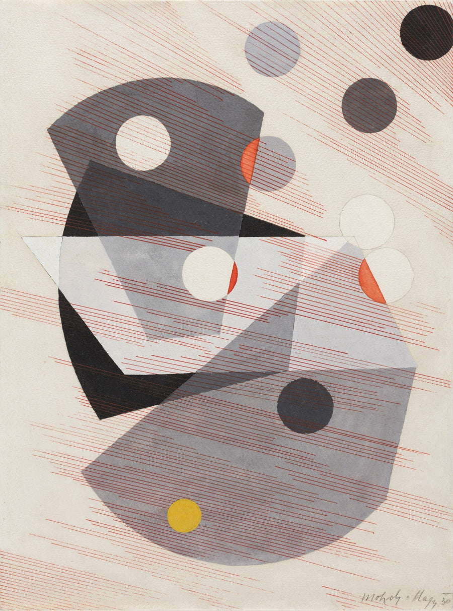 László Moholy-Nagy — Grey Overlappings | Bauhaus Abstract Fine Art Print shown to scale on a wall above a sofa