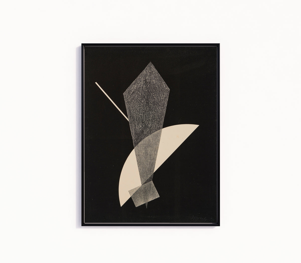 Framed art print of Konstruktion V (1922–23) by László Moholy-Nagy, in a slim black frame on a plain white wall