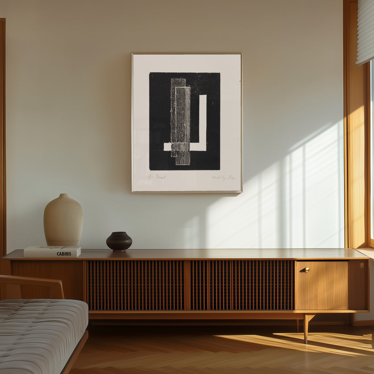 Framed art print of Ohne Titel by László Moholy-Nagy, in a thin light frame on a sunlit wall above a wooden sideboard