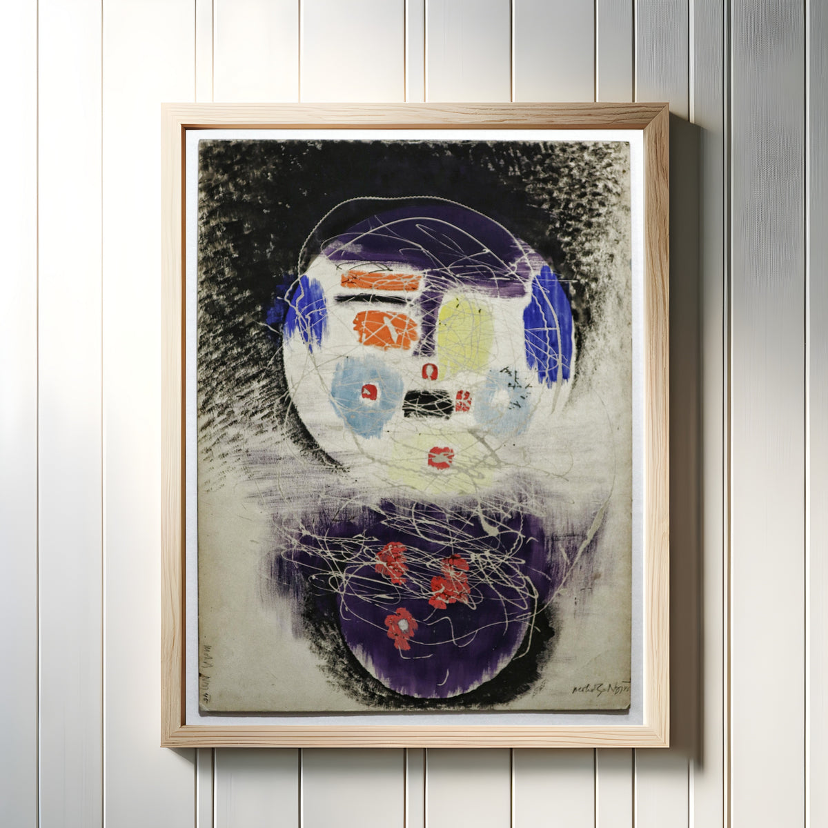Framed art print of Space Construction by László Moholy-Nagy, in a light wood frame on a white panelled wall