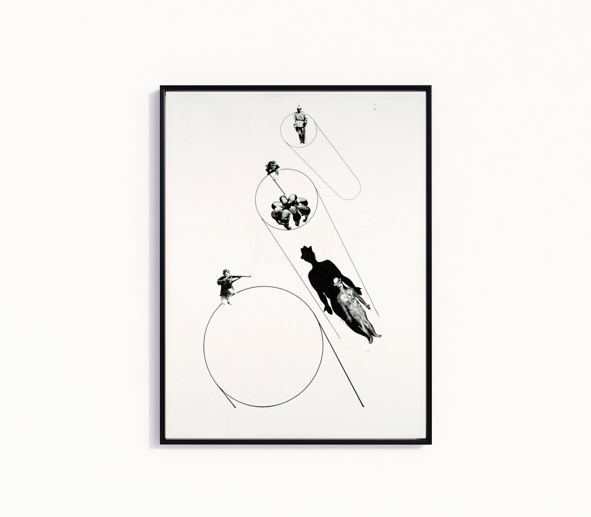 Framed art print of Target Practice (In the Name of the Law) by László Moholy-Nagy, in a slim black frame on a plain white wall